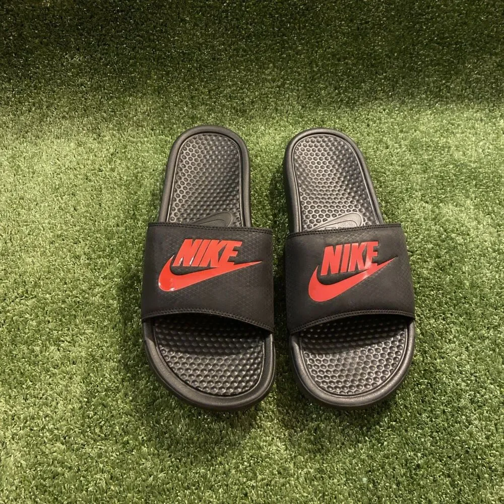 Nike Benassi JDI Slides Men’s Size 12 Black/Red Flip Flops Swoosh Shoes NEW